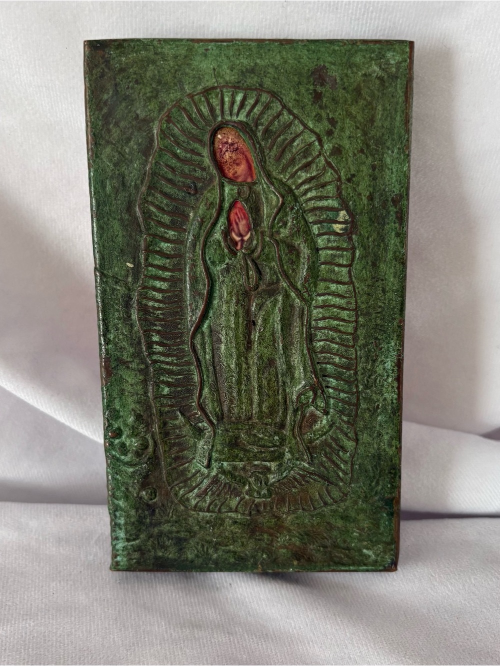 Vintage Our lady of Guadalupe Virgin Mary religious wall decor patina metal